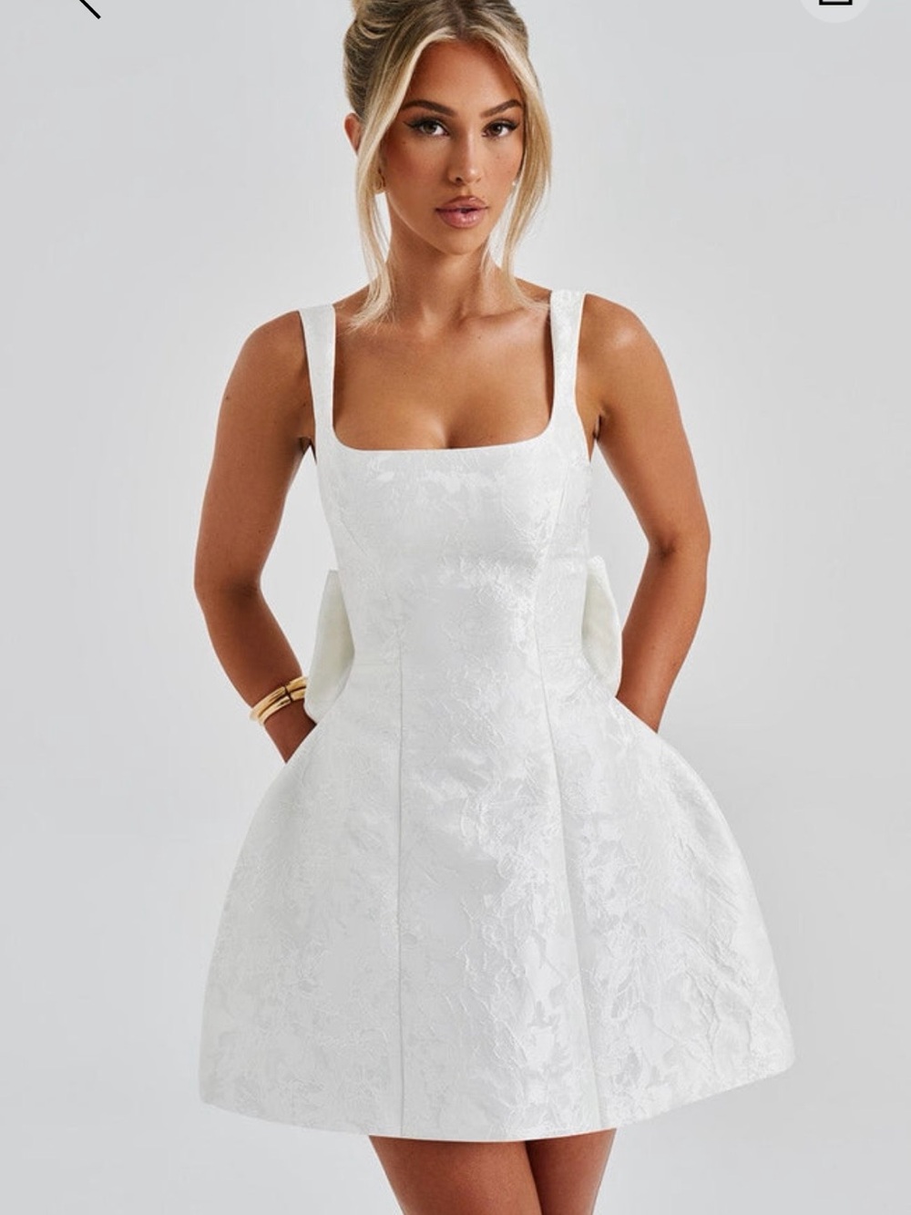 Square-Neck White Jacquard Mini Dress